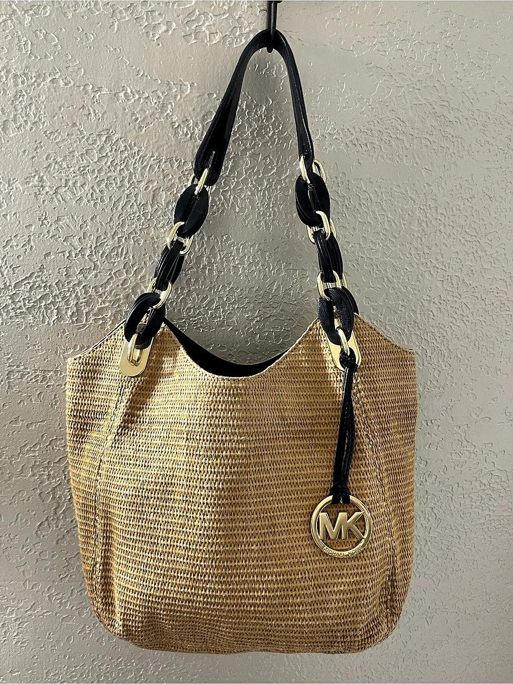 Michael Kors Medium Woven Vacation Shoulder Bag in Tan & Black